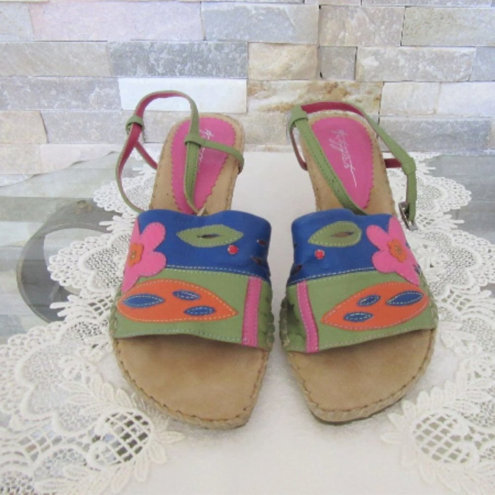 Art Effects Patchwork Floral leather Wedge Strappy Sandals, Paulette in Size 8M